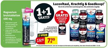 Promotions Magnesium bruis 400 mg + gratis potje vitamine c 1000 mg - Lucovitaal - Valide de 28/06/2022 à 10/07/2022 chez Kruidvat