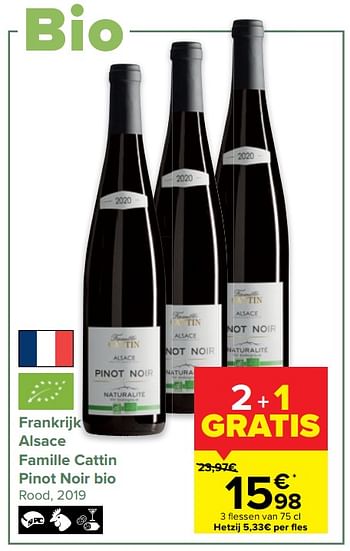 Promoties Frankrijk alsace famille cattin pinot noir bio rood, 2019 - Rode wijnen - Geldig van 29/06/2022 tot 11/07/2022 bij Carrefour