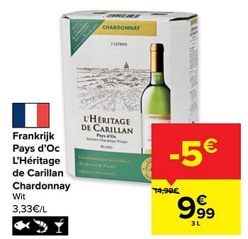 Promoties Frankrijk pays d’oc l’héritage de carillan chardonnay wit - Witte wijnen - Geldig van 29/06/2022 tot 11/07/2022 bij Carrefour