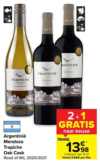 Promoties Mendoza trapiche oak cask rood of wit, 2020-2021 - Rode wijnen - Geldig van 29/06/2022 tot 11/07/2022 bij Carrefour