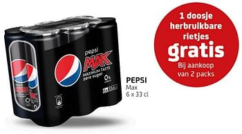 Promotions Pepsi max 1 doosje herbruikbare rietjes gratis bij aankoop van 2 packs - Pepsi - Valide de 01/07/2022 à 14/07/2022 chez BelBev