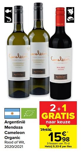 Promoties Argentinië mendoza cameleon organic rood of wit - Rode wijnen - Geldig van 29/06/2022 tot 11/07/2022 bij Carrefour