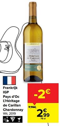 Frankrijk igp pays d’oc l’héritage de carillan chardonnay wit-Witte wijnen