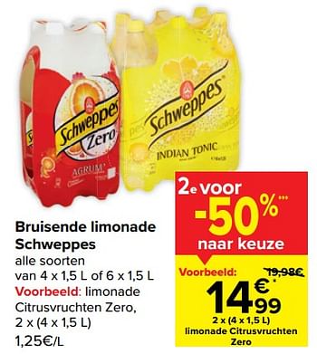 Promoties Limonade citrusvruchten zero - Schweppes - Geldig van 29/06/2022 tot 11/07/2022 bij Carrefour