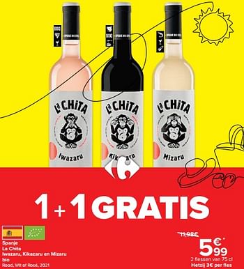 Promotions Spanje la chita iwazaru kikazaru en mizaru bio rood wit of rosé - Vins rouges - Valide de 29/06/2022 à 11/07/2022 chez Carrefour