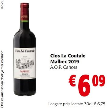 Promotions Clos la coutale malbec 2019 a.o.p. cahors - Vins rouges - Valide de 29/06/2022 à 12/07/2022 chez Colruyt