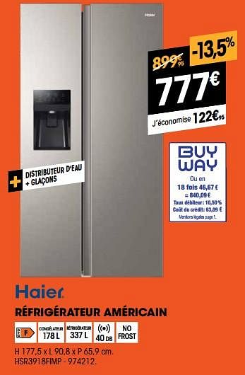 Promotions Haier réfrigérateur américain hsr3918fimp - Haier - Valide de 01/07/2022 à 31/07/2022 chez Electro Depot