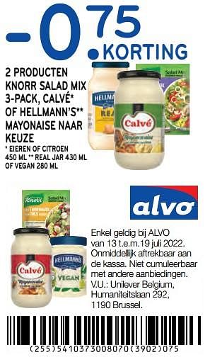 Promoties -0.75 korting 2 producten knorr salad mix 3-pack, calvé of hellmann’s mayonaise naar keuze - Huismerk - Alvo - Geldig van 13/07/2022 tot 19/07/2022 bij Alvo