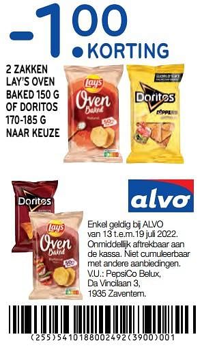 Promoties -1.00 korting 2 zakken lay’s oven baked 150 g of doritos 170-185 g naar keuze - Huismerk - Alvo - Geldig van 13/07/2022 tot 19/07/2022 bij Alvo