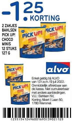 Promoties -1.25 korting 2 zakjes bahlsen pick up! choco minis 12 stuks 127 g - Bahlsen - Geldig van 13/07/2022 tot 19/07/2022 bij Alvo