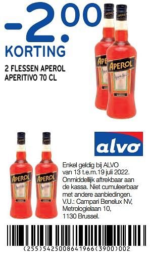 Promoties -2.00 korting 2 flessen aperol aperitivo 70 cl - Aperol - Geldig van 13/07/2022 tot 19/07/2022 bij Alvo