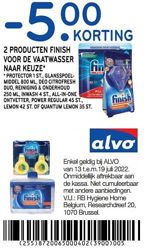 Promoties -5.00 korting 2 producten finish voor de vaatwasser naar keuze - Finish - Geldig van 13/07/2022 tot 19/07/2022 bij Alvo