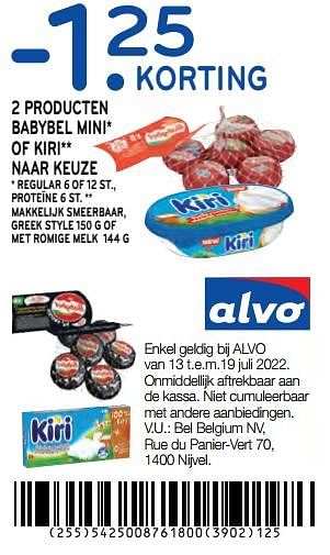 Promoties -1.25 korting 2 producten babybel mini of kiri naar keuze - Huismerk - Alvo - Geldig van 13/07/2022 tot 19/07/2022 bij Alvo