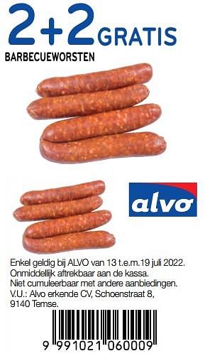 Promoties 2+2 gratis barbecueworsten - Huismerk - Alvo - Geldig van 13/07/2022 tot 19/07/2022 bij Alvo