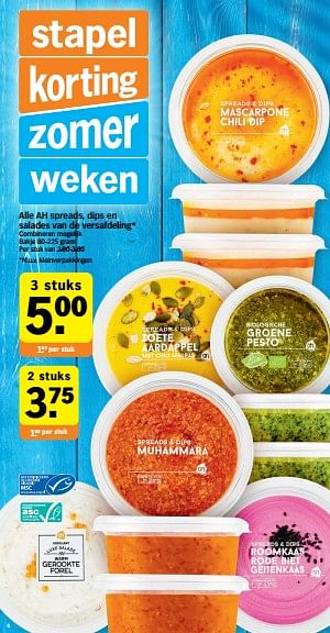 Promoties Alle ah spreads dips en salades van de versafdeling - Huismerk - Albert Heijn - Geldig van 04/07/2022 tot 10/07/2022 bij Albert Heijn