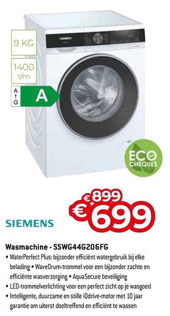 Promoties Siemens wasmachine - sswg44g206fg - Siemens - Geldig van 01/07/2022 tot 31/07/2022 bij Exellent
