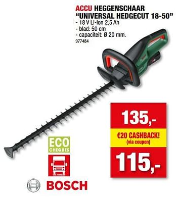 Promoties Bosch accu heggenschaar universal hedgecut 18-50 - Bosch - Geldig van 06/07/2022 tot 17/07/2022 bij Hubo