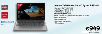 Promoties Lenovo thinkbook 15 amd ryzen 7 5700u - Lenovo - Geldig van 01/07/2022 tot 31/07/2022 bij Compudeals