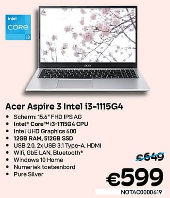 Promoties Acer aspire 3 intel i3-1115g4 - Acer - Geldig van 01/07/2022 tot 31/07/2022 bij Compudeals