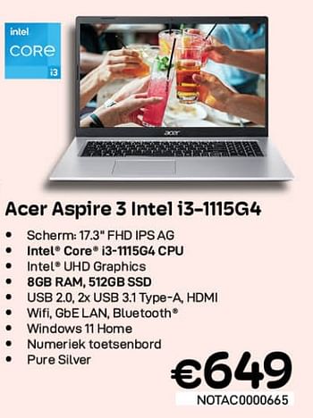 Promoties Acer aspire 3 intel i3-1115g4 - Acer - Geldig van 01/07/2022 tot 31/07/2022 bij Compudeals