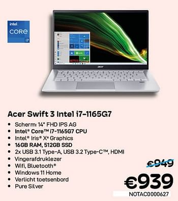 Promoties Acer swift 3 intel i7-1165g7 - Acer - Geldig van 01/07/2022 tot 31/07/2022 bij Compudeals