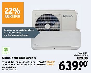 Promoties Qlima split unit airco’s type 5225 - Qlima  - Geldig van 13/07/2022 tot 26/07/2022 bij Gamma