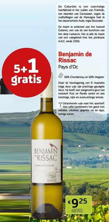 Promoties Benjamin de rissac pays d’oc - Witte wijnen - Geldig van 15/07/2022 tot 28/07/2022 bij BelBev