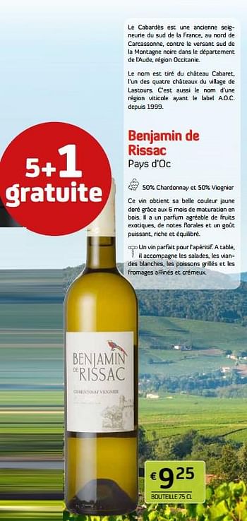 Promotions Benjamin de rissac pays d’oc - Vins blancs - Valide de 15/07/2022 à 28/07/2022 chez BelBev