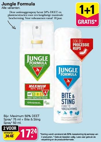 Promoties Jungle formula maximum 50% deet spray¹ + bite + sting spray¹ - Jungle Formula - Geldig van 13/07/2022 tot 30/07/2022 bij De Online Drogist