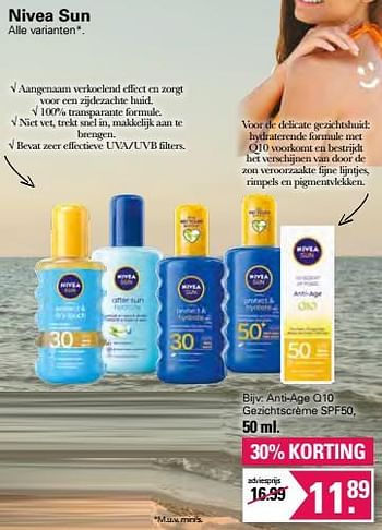 Promoties Nivea sun anti-age q10 gezichtscrème spf50 - Nivea - Geldig van 13/07/2022 tot 30/07/2022 bij De Online Drogist