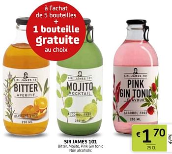 Promotions Sir james 101 bitter, mojito, pink gin tonic non alcoholic - Sir. James 101 - Valide de 15/07/2022 à 28/07/2022 chez BelBev