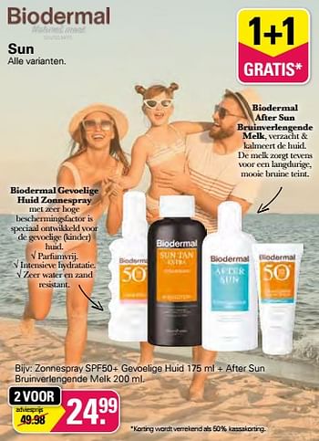 Promotions Zonnespray spf50+ gevoelige huid + after sun bruinverlengende melk - Biodermal - Valide de 13/07/2022 à 30/07/2022 chez De Online Drogist