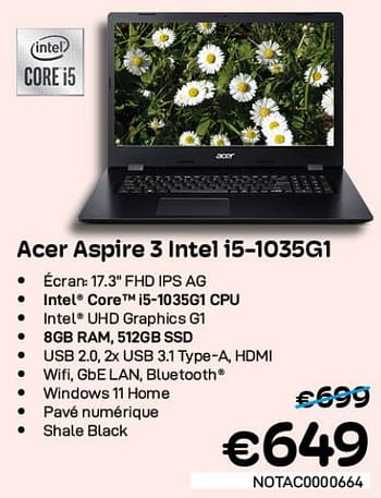 Promotions Acer aspire 3 intel i5-1035g1 - Acer - Valide de 01/07/2022 à 31/07/2022 chez Compudeals