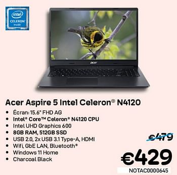 Promotions Acer aspire 5 intel celeron n4120 - Acer - Valide de 01/07/2022 à 31/07/2022 chez Compudeals