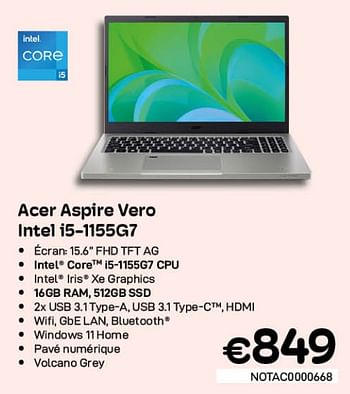 Promotions Acer aspire vero intel i5-1155g7 - Acer - Valide de 01/07/2022 à 31/07/2022 chez Compudeals
