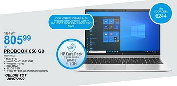 Promoties Hp probook 650 g8 4b327ea#uug - HP - Geldig van 01/07/2022 tot 31/07/2022 bij VCD