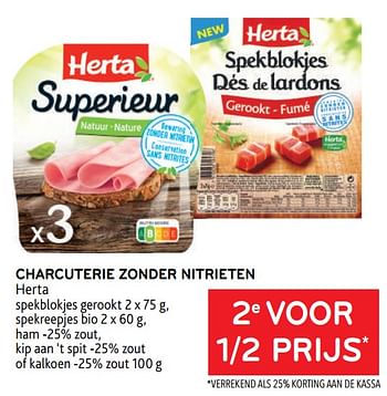 Promoties Charcuterie zonder nitrieten herta 2e voor 1-2 prijs - Herta - Geldig van 27/07/2022 tot 09/08/2022 bij Alvo