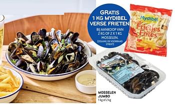 Promoties Mosselen jumbo gratis 1 kg mydibel verse frieten bij aankoop van 2 kg of 2 x 1 kg mosselen - Huismerk - Alvo - Geldig van 27/07/2022 tot 09/08/2022 bij Alvo