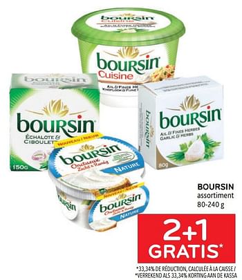 Promotions Boursin assortiment 2+1 gratis - Boursin - Valide de 27/07/2022 à 09/08/2022 chez Alvo