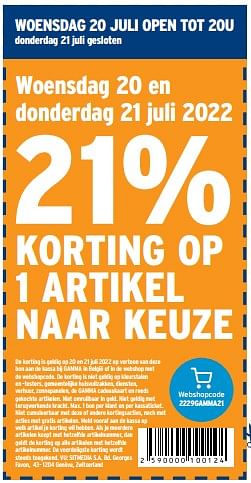 Promoties 21% korting op 1 artikel naar keuze - Huismerk - Gamma - Geldig van 20/07/2022 tot 26/07/2022 bij Gamma
