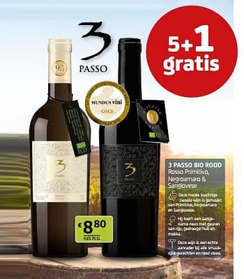 Promoties 3 passo bio rood rosso primitivo, negroamaro + sangiovese - Rode wijnen - Geldig van 29/07/2022 tot 11/08/2022 bij BelBev