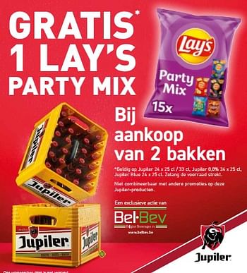 Promotions Jupiler gratis 1 lay’s party mix bij aankoop van 2 bakken - Jupiler - Valide de 29/07/2022 à 11/08/2022 chez BelBev