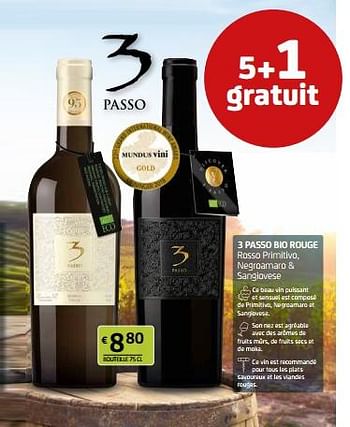 Promotions 3 passo bio rouge rosso primitivo, negroamaro + sangiovese - Vins rouges - Valide de 29/07/2022 à 11/08/2022 chez BelBev