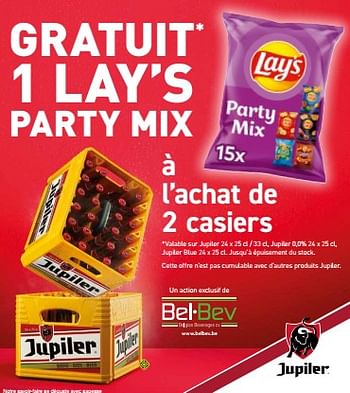 Promoties Jupiler gratuit 1 lay’s party mix à l’achat de 2 casiers - Jupiler - Geldig van 29/07/2022 tot 11/08/2022 bij BelBev