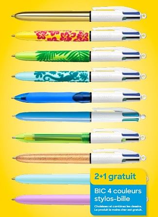 Promotions 2+1 gratuit bic 4 couleurs stylos-bille - BIC - Valide de 01/08/2022 à 30/09/2022 chez Ava