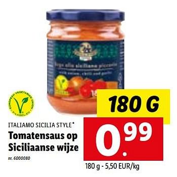 Promoties Tomatensaus op siciliaanse wijze - Italiamo - Geldig van 01/08/2022 tot 06/08/2022 bij Lidl