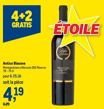 Promotions Antico blasone montepulciano d`abruzzo doc riserva - Vins rouges - Valide de 27/07/2022 à 09/08/2022 chez Makro