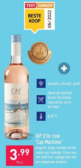 Promotions Igp d`oc rosé cap maritime - Vins rosé - Valide de 01/08/2022 à 12/08/2022 chez Aldi