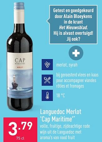 Promoties Languedoc merlot cap maritime - Rode wijnen - Geldig van 01/08/2022 tot 12/08/2022 bij Aldi