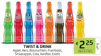 Promoties Twist + drink appel, kers, bosvruchten, framboos, sinaasappel, cola, aardbei, exotic - Twist & Drink - Geldig van 12/08/2022 tot 25/08/2022 bij BelBev